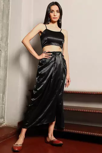 Black Embellished Shirt Collar Top & Skirt With Jacket Co-Ord Set