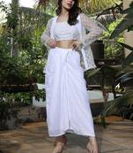 White Embellished Round Neck Top & Skirt With Shrug Co-ords
