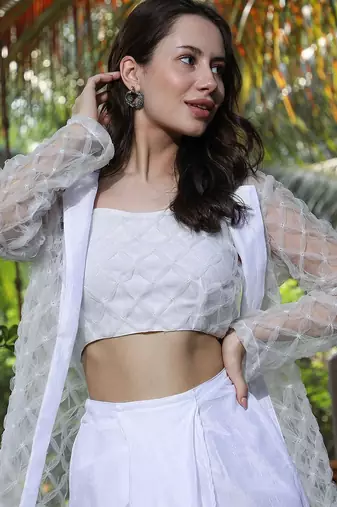 White Embellished Round Neck Top & Skirt With Shrug Co-ords