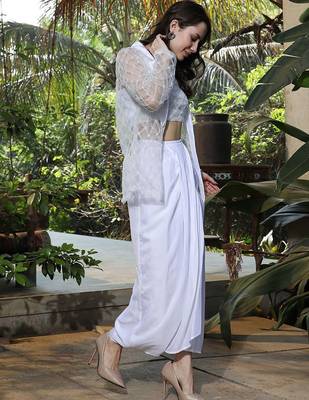 White Embellished Round Neck Top & Skirt With Shrug Co-ords 3