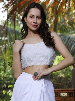 White Embellished Round Neck Top & Skirt With Shrug Co-ords 5