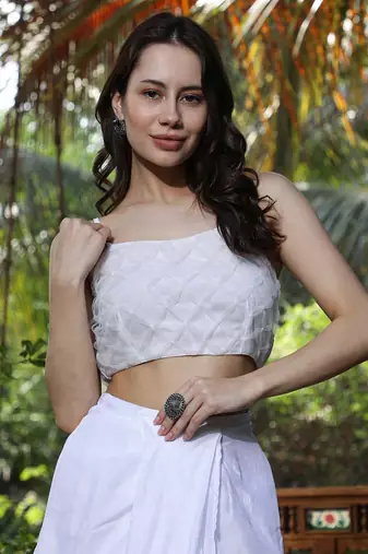 White Embellished Round Neck Top & Skirt With Shrug Co-ords