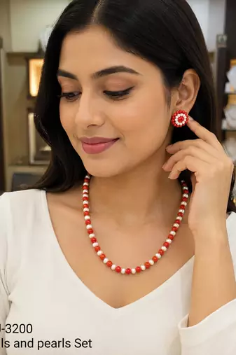 Red coral and pearl beaded necklace and earrings jewellery set