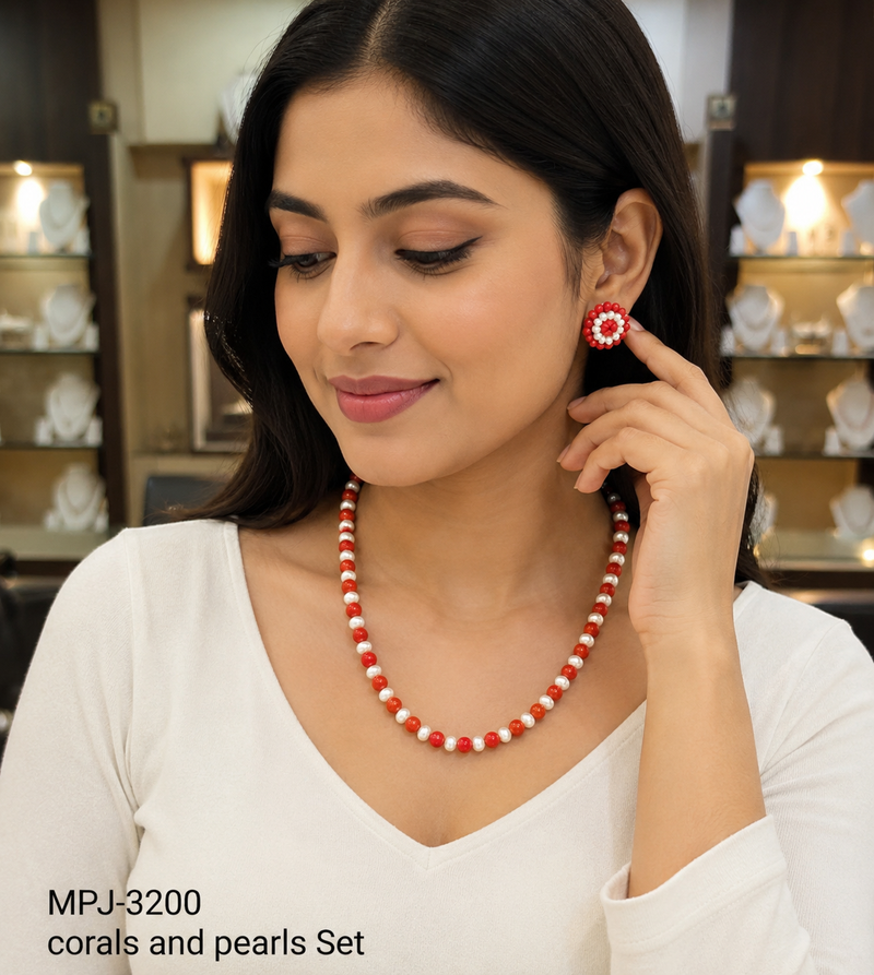 Red coral and pearl beaded necklace and earrings jewellery set