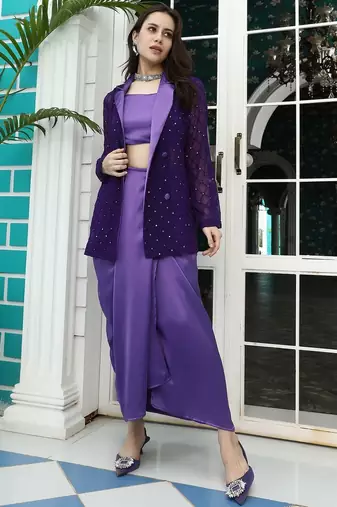 Purple Embroidered Top With Skirt & Shrug Co-Ords