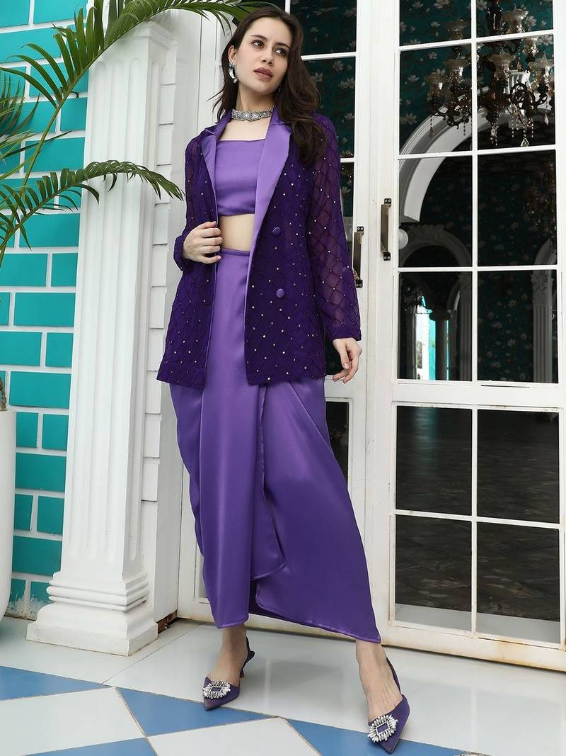 Purple Embroidered Top With Skirt & Shrug Co-Ords