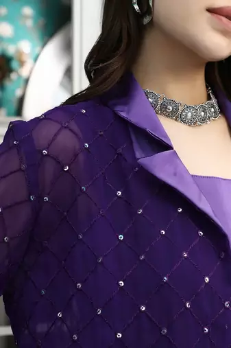 Purple Embroidered Top With Skirt & Shrug Co-Ords