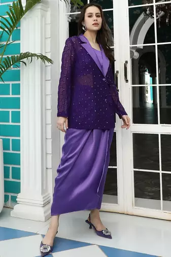 Purple Embroidered Top With Skirt & Shrug Co-Ords