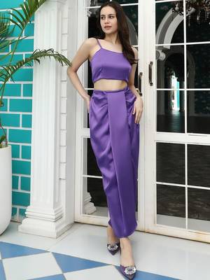 Purple Embroidered Top With Skirt & Shrug Co-Ords 6