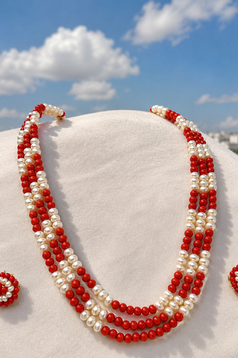 Pearl and red coral bead 3-layer necklace set with earrings