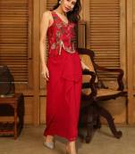 Red Printed V Neck Top With Skirt Co-Ords