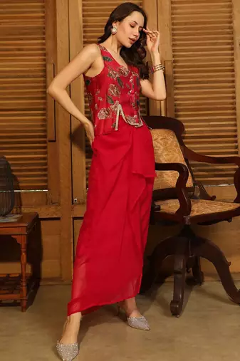 Red Printed V Neck Top With Skirt Co-Ords