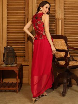 Red Printed V Neck Top With Skirt Co-Ords 4