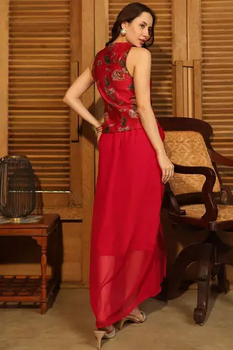Red Printed V Neck Top With Skirt Co-Ords