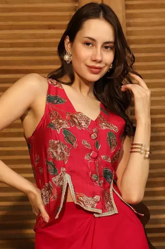 Red Printed V Neck Top With Skirt Co-Ords