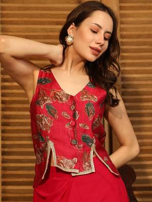 Red Printed V Neck Top With Skirt Co-Ords 6