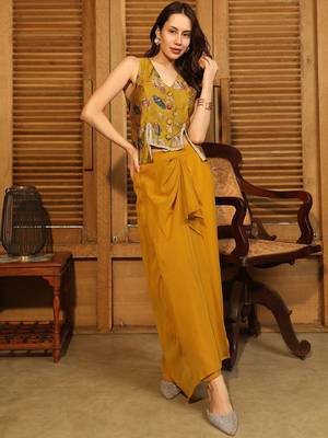 Mustard Printed V Neck Top With Skirt Co-Ords 1