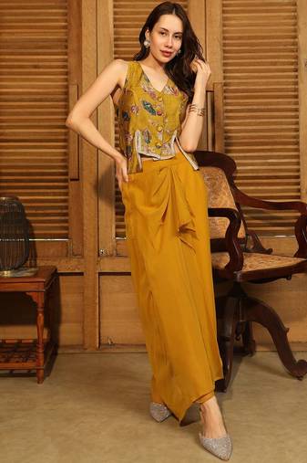 Mustard Printed V Neck Top With Skirt Co-Ords
