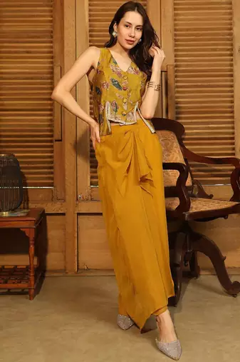 Mustard Printed V Neck Top With Skirt Co-Ords
