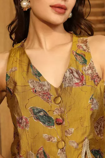 Mustard Printed V Neck Top With Skirt Co-Ords