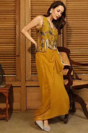 Mustard Printed V Neck Top With Skirt Co-Ords