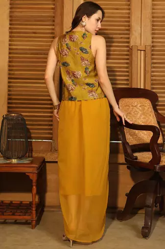 Mustard Printed V Neck Top With Skirt Co-Ords