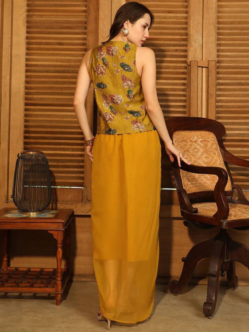 Mustard Printed V Neck Top With Skirt Co-Ords