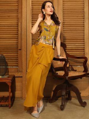 Mustard Printed V Neck Top With Skirt Co-Ords 5