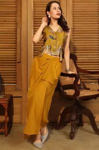 Mustard Printed V Neck Top With Skirt Co-Ords
