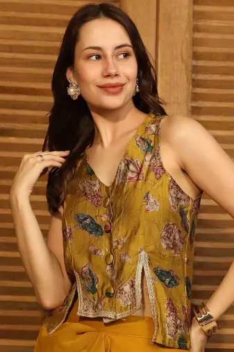 Mustard Printed V Neck Top With Skirt Co-Ords