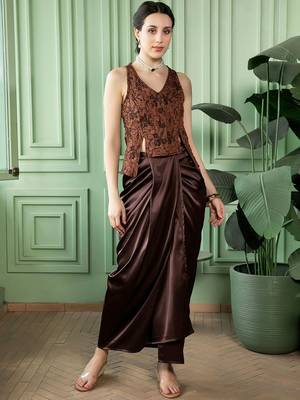 Brown Printed Waistcoat With Skirt Satin Co-Ords 2