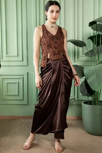 Brown Printed Waistcoat With Skirt Satin Co-Ords