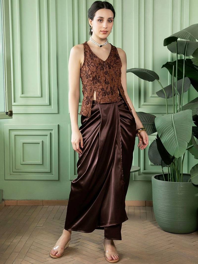 Brown Printed Waistcoat With Skirt Satin Co-Ords
