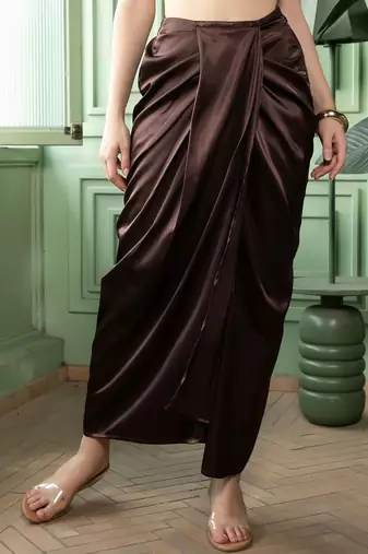 Brown Printed Waistcoat With Skirt Satin Co-Ords
