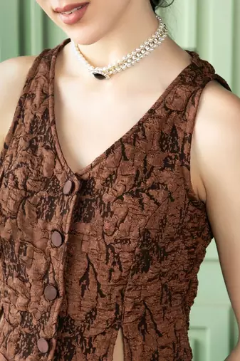 Brown Printed Waistcoat With Skirt Satin Co-Ords