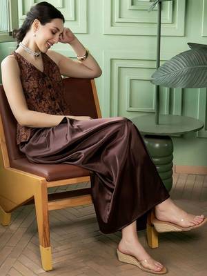 Brown Printed Waistcoat With Skirt Satin Co-Ords 7