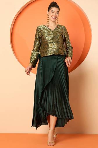 Brocade V-Neck Brocade Top With Skirt