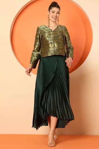 Brocade V-Neck Brocade Top With Skirt