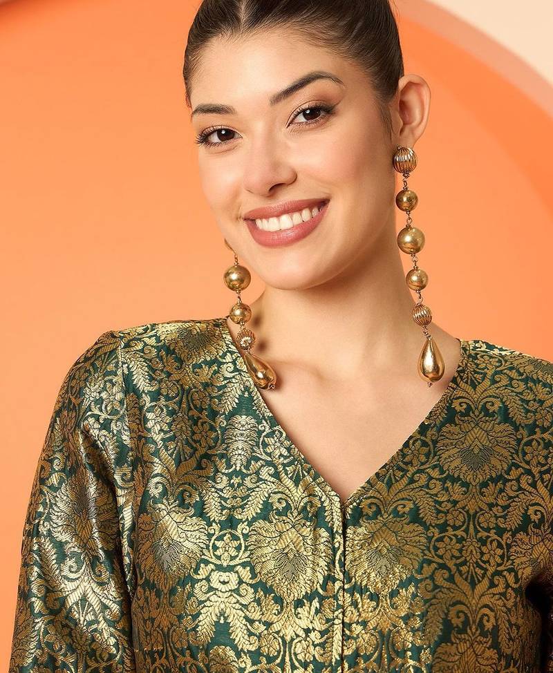 Brocade V-Neck Brocade Top With Skirt