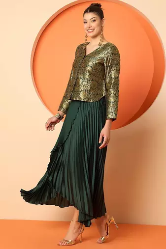 Brocade V-Neck Brocade Top With Skirt