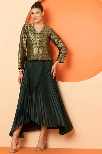 Brocade V-Neck Brocade Top With Skirt