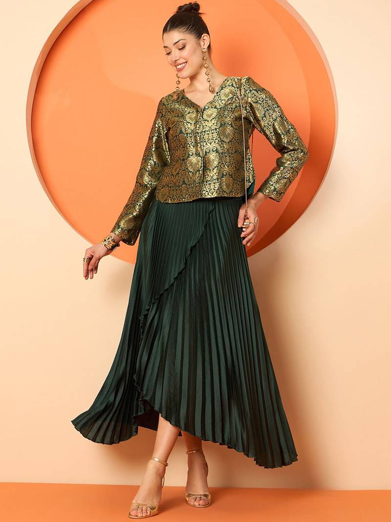 Brocade V-Neck Brocade Top With Skirt