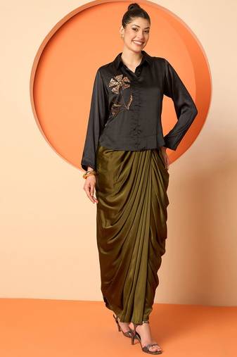 Embellished Shirt Collar Shirt With Skirt