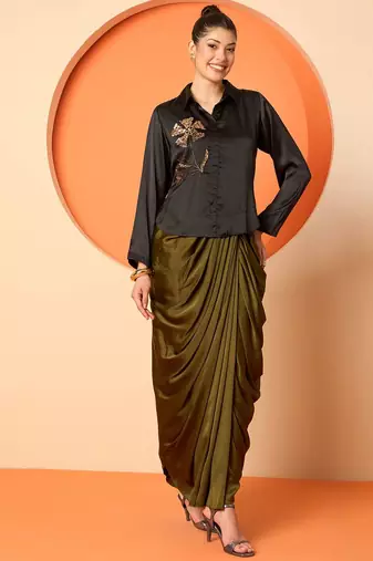 Embellished Shirt Collar Shirt With Skirt