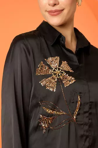 Embellished Shirt Collar Shirt With Skirt