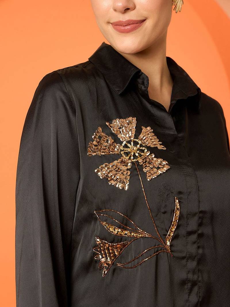 Embellished Shirt Collar Shirt With Skirt