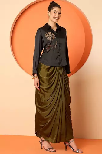 Embellished Shirt Collar Shirt With Skirt