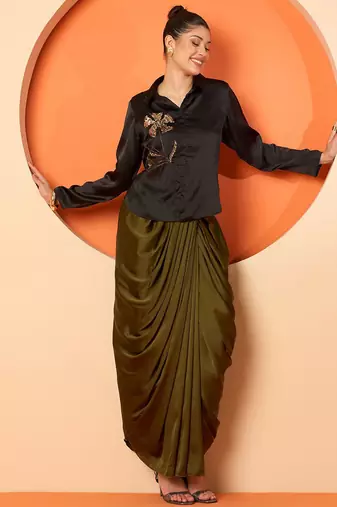 Embellished Shirt Collar Shirt With Skirt