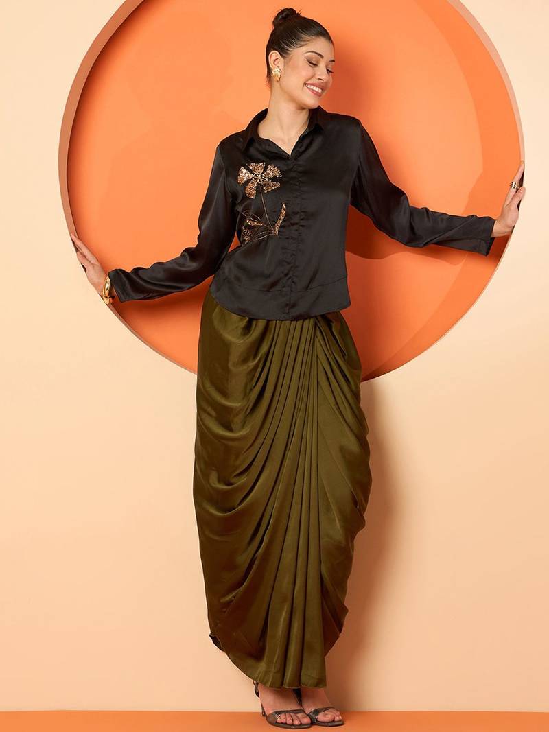 Embellished Shirt Collar Shirt With Skirt