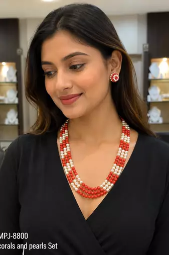Pearl and red coral bead 3-layer necklace set with earrings